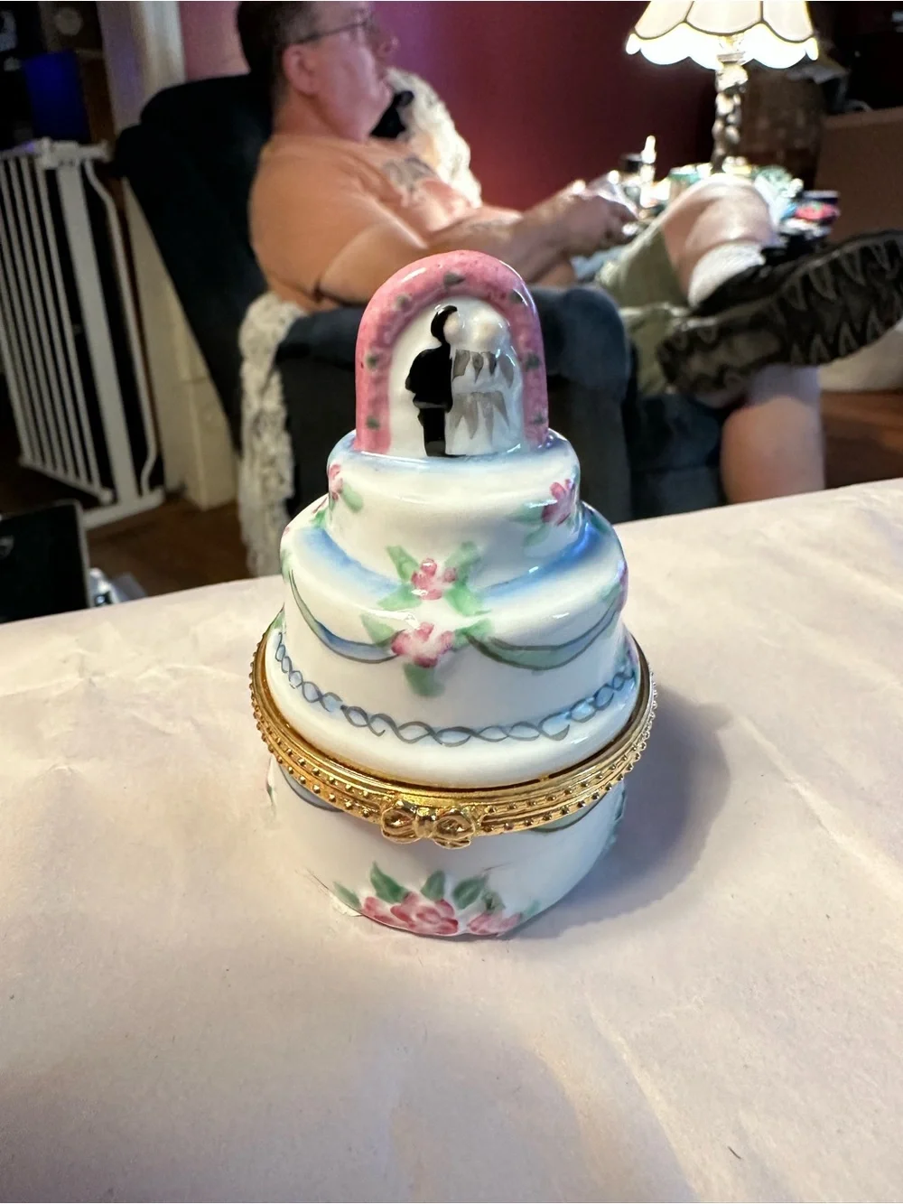 Porcelain Wedding Cake Trinket Box with Pink Floral Accents
